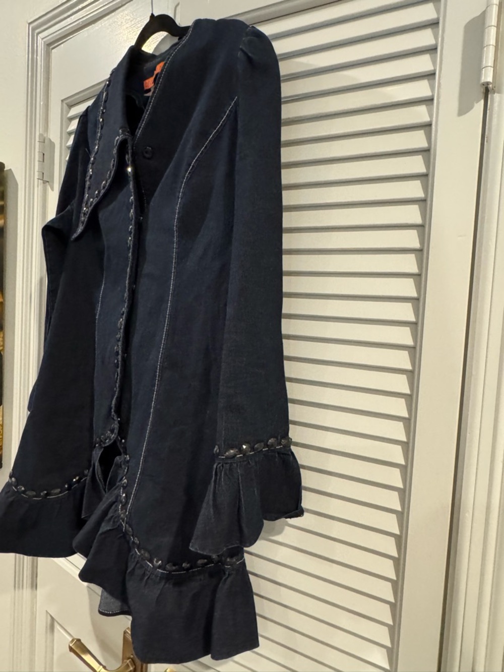 Dark Navy Ruffle-Trim Trench Coat - Picture 9 of 10
